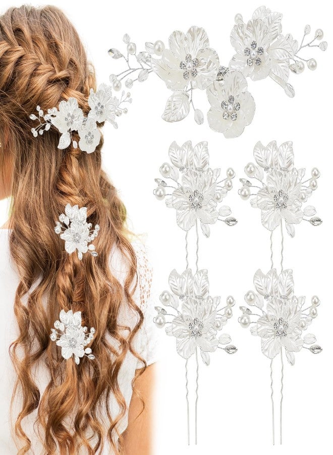 Capiant 5 Pack Bridal Flower Wedding Hair Pins, Silver Wedding Hair Piece, Crystal Pearl Hair Clips, for Brides, Bridesmaids, Women, Girls Updo - Image 1